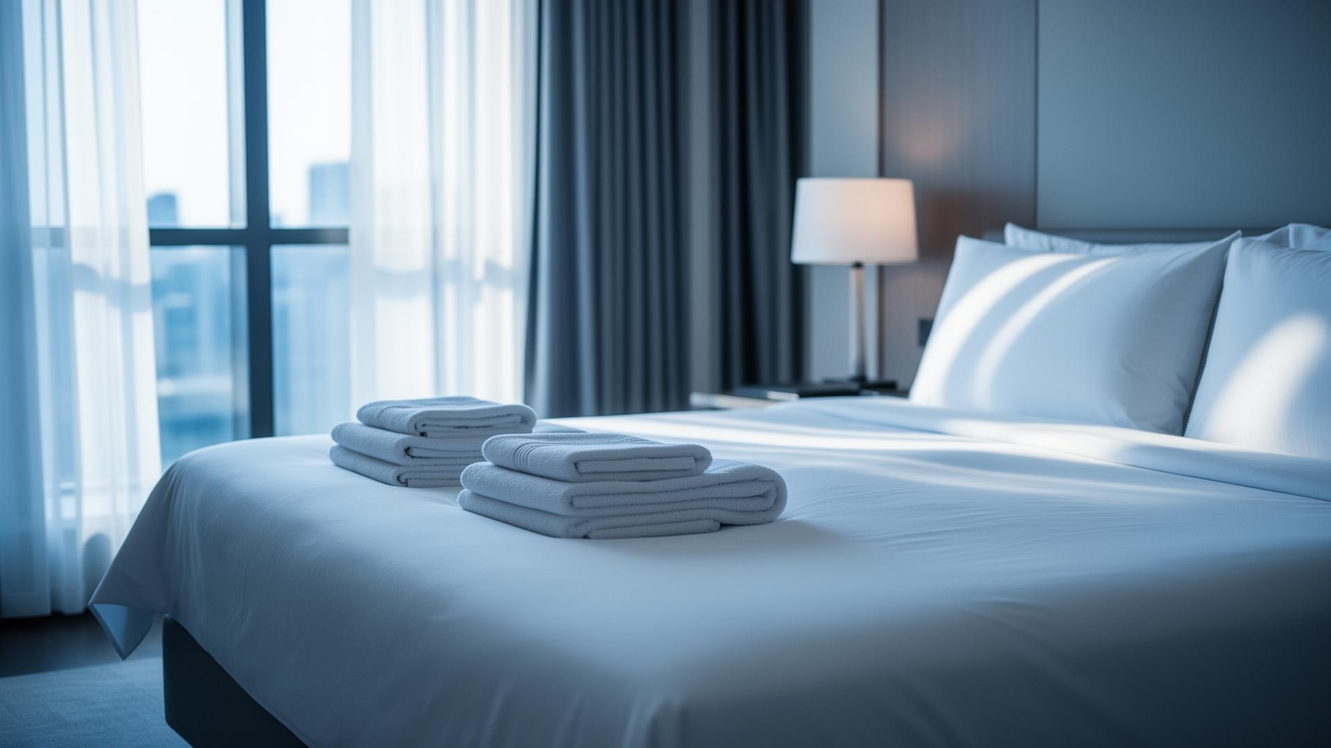 Quarto de hotel com lençóis brancos imaculados